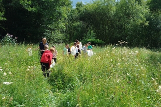 Children at education session, bug hunting in meadow rangers