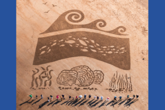 The Stronger Shores logo, a wave, seagrass, oysters and kelp, raked onto a beach which a group of people under it