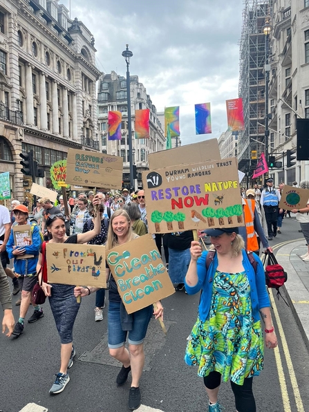 People marching with nature themed banners