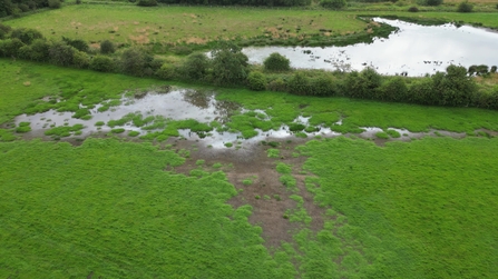 an aerial view over wetlands