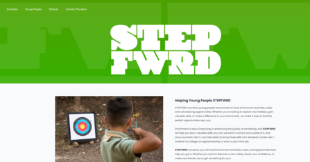 screen grab of STEPFWRD website home page with green banner across top and image of boy doing archery